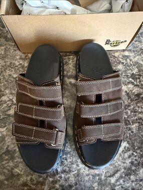 Dr. Martens Brown Triple-Strap Slide Sandals with Black Footbed